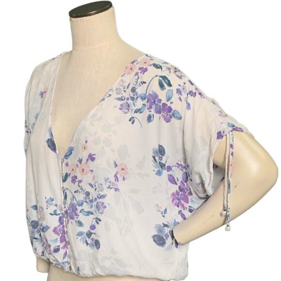Lovestitch Floral Relaxed Ruched Short Sleeve Button Blouse Sz M #107A - Picture 3 of 9